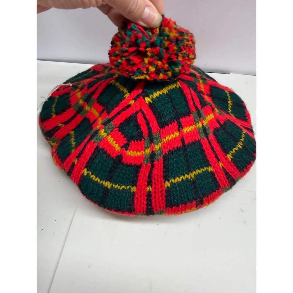 Vintage Stretch Knit Plaid Tam Hat and Scarf Set Red Green Yellow USA Made NOS